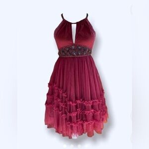 Free People Ruffle Poofy Tulle Sheer Babydoll Keyhole Beaded Formal Boho Dress